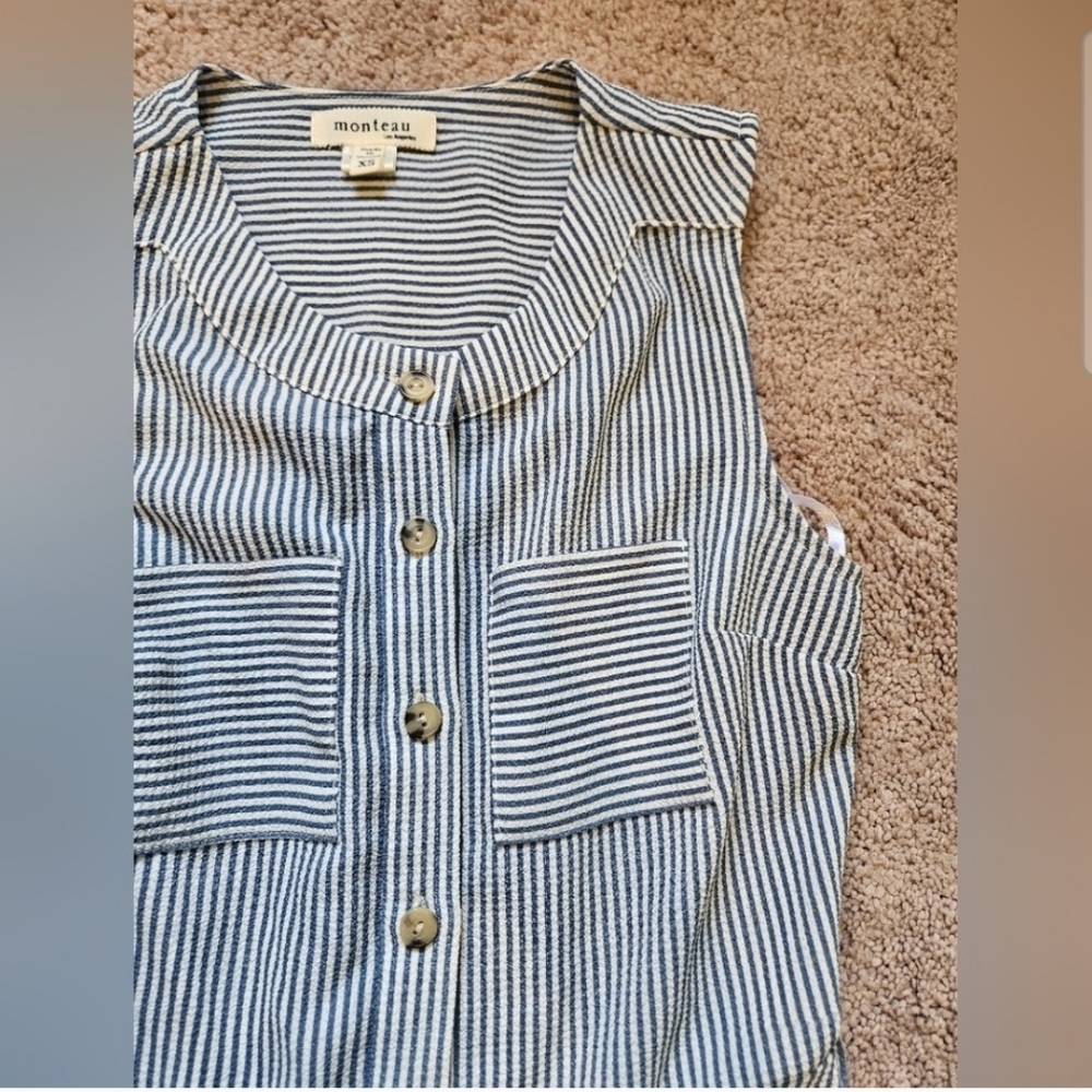 Monteau Nautical Lightweight Blue White Belted Striped Dress Womens XS Preppy